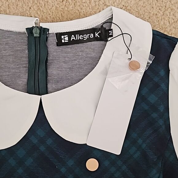 Allegra K Women's Peter Pan Collar Contrast Color Preppy Fit Flare Plaid Dress M - Picture 7 of 11